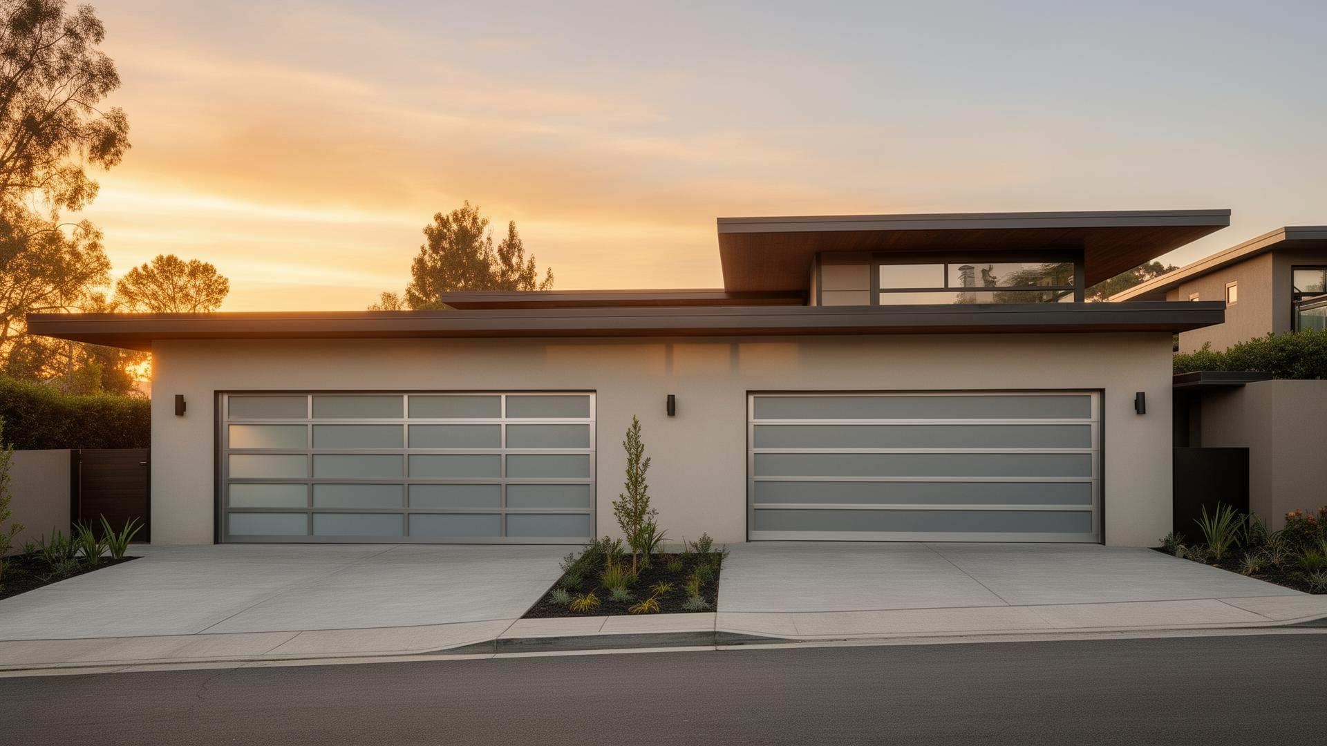 Modern steel garage doors with frosted glass panels on luxury home at sunset