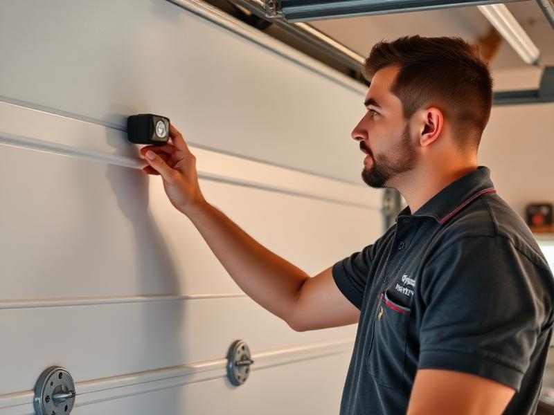 Certified garage door technician performing inspection